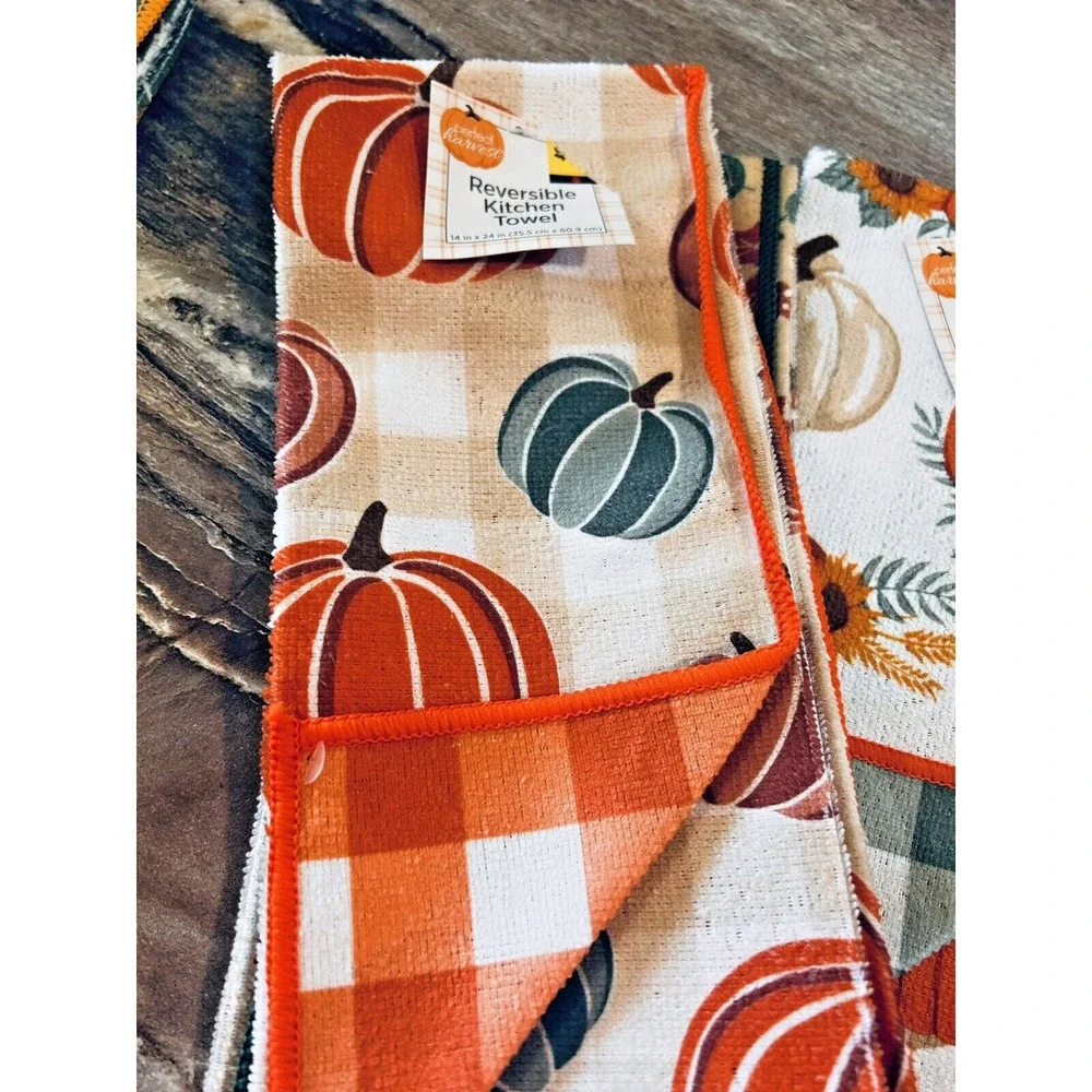 Perfect Harvest Reversible Kitchen Towels Leaves Sunflowers Pumpkin Lot of 5 BxA
